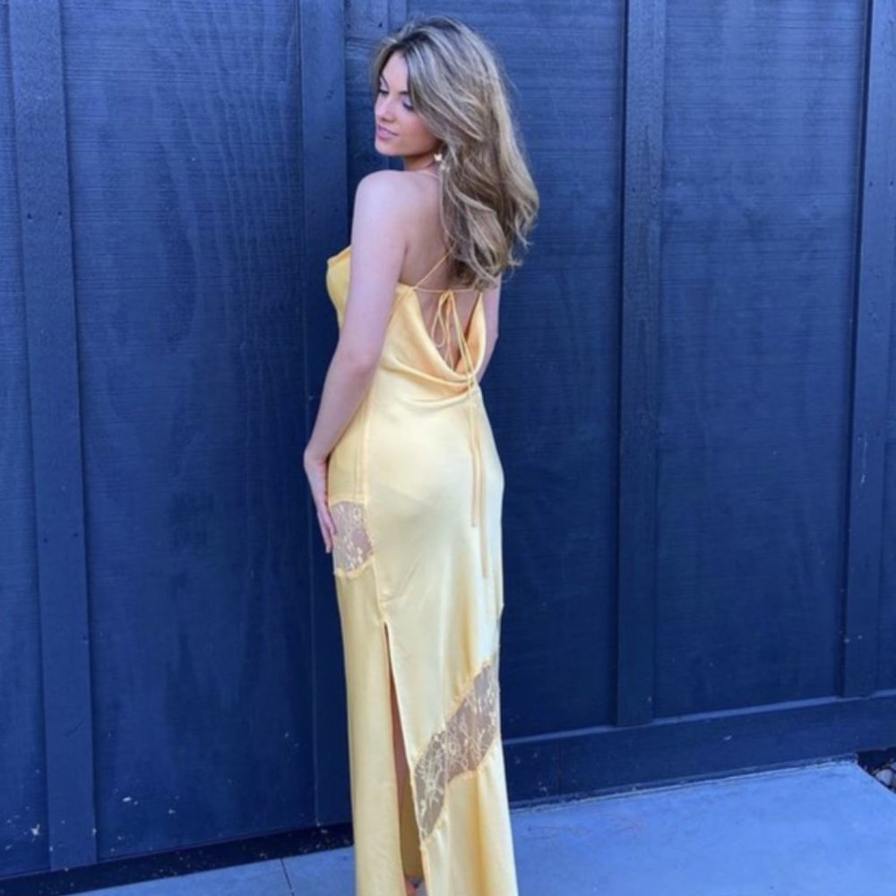 Meshki Lace Detail Satin Maxi Dress - Lemon
